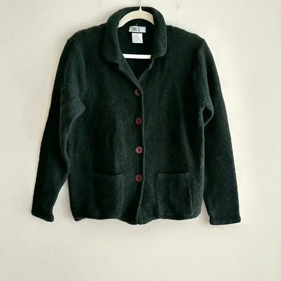 Bicé Forest Green 100% Wool Cardigan Sweater Jacket, Size Large - Picture 2 of 16